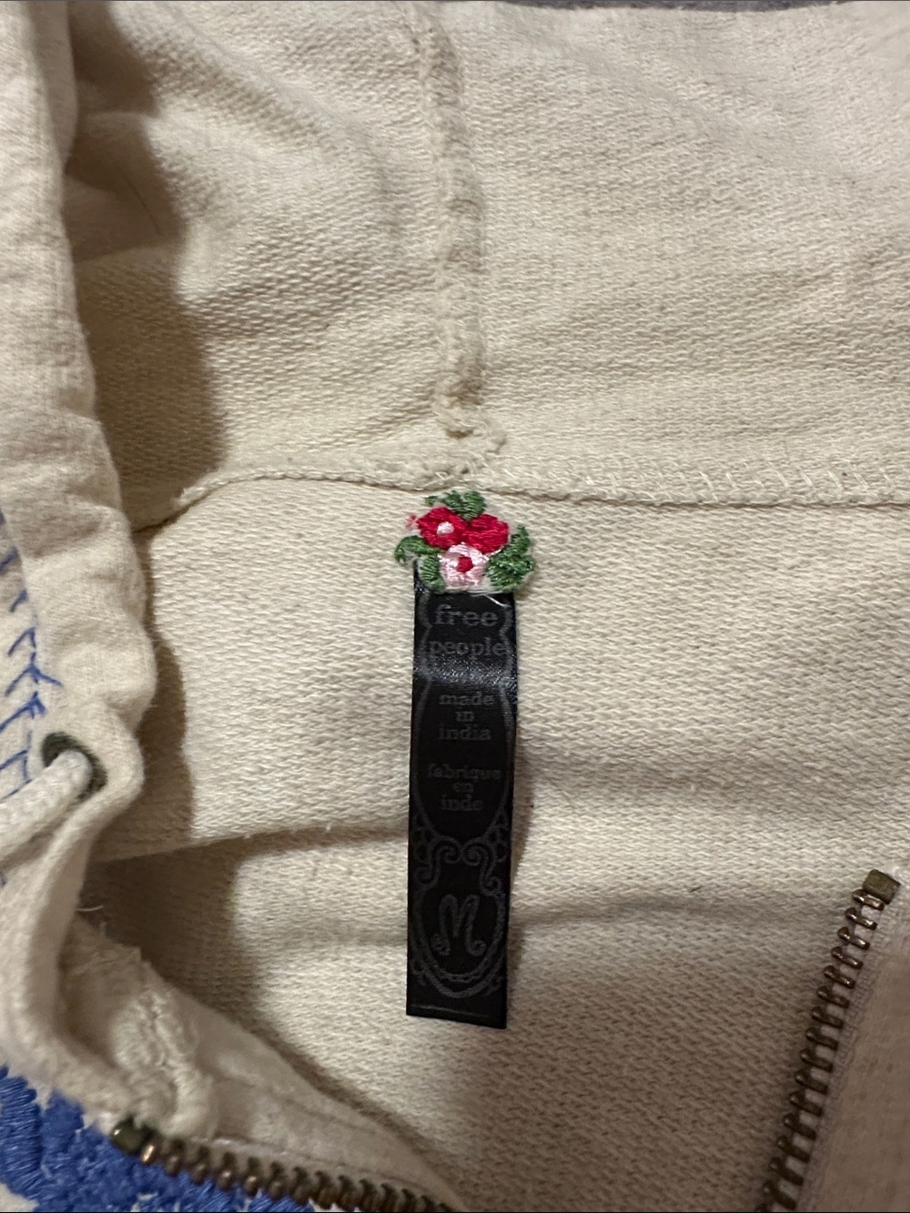 Free People Cream Zip Hoodie with Blue Floral Embroidery - Picture 5 of 5